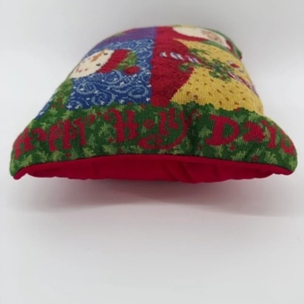 Christmas Pillow Needlepoint Santa Snowman Holiday Decor Happy Holly‎ Days